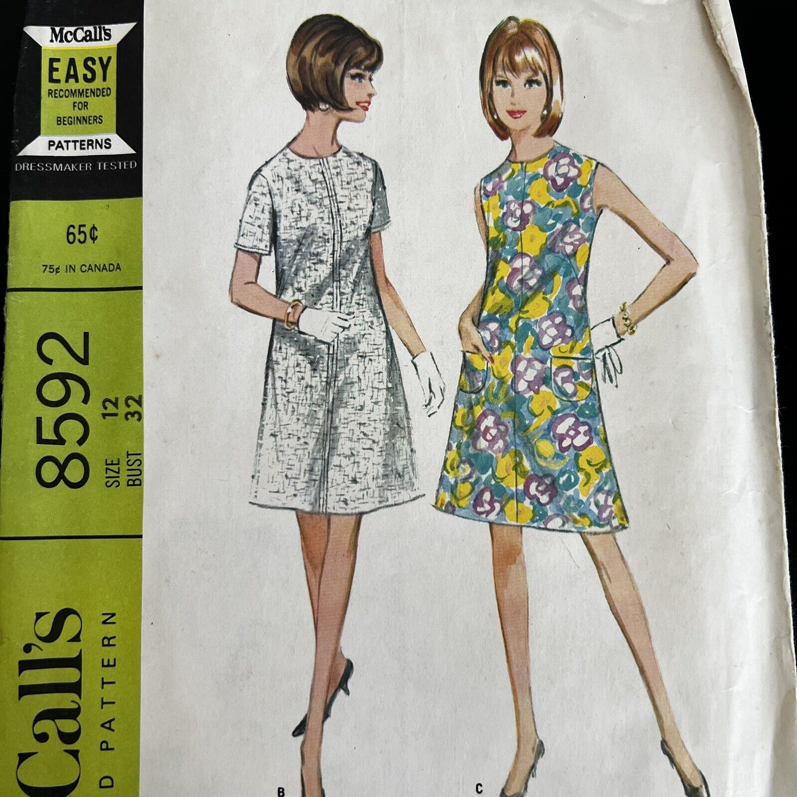 Vintage 1960s McCalls 8592 Mod French Dart A-Line Dress Sewing Pattern 12 XS CUT