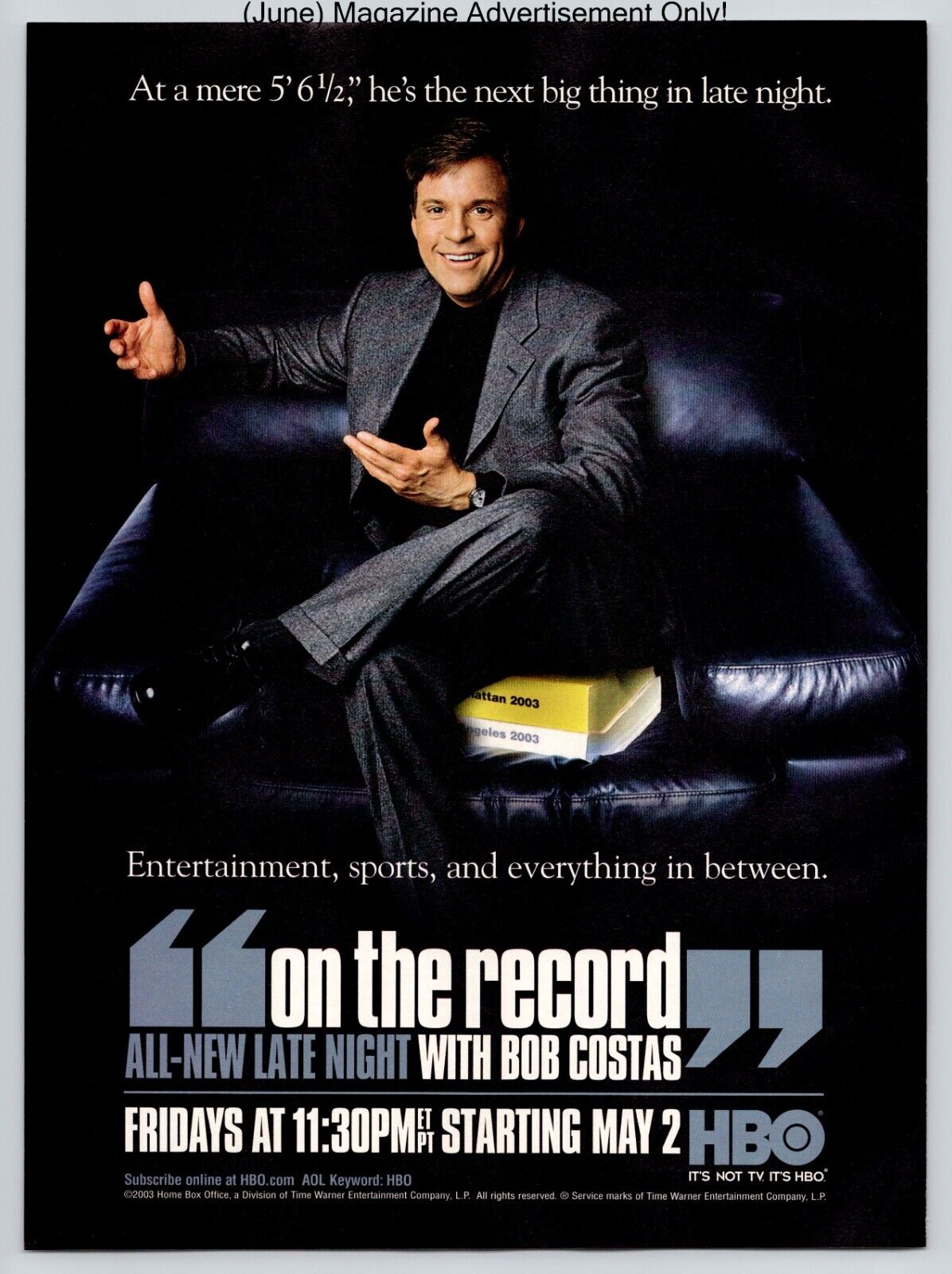 On The Record With Bob Costas On HBO Late Night Promo 2003 Full Page Print Ad