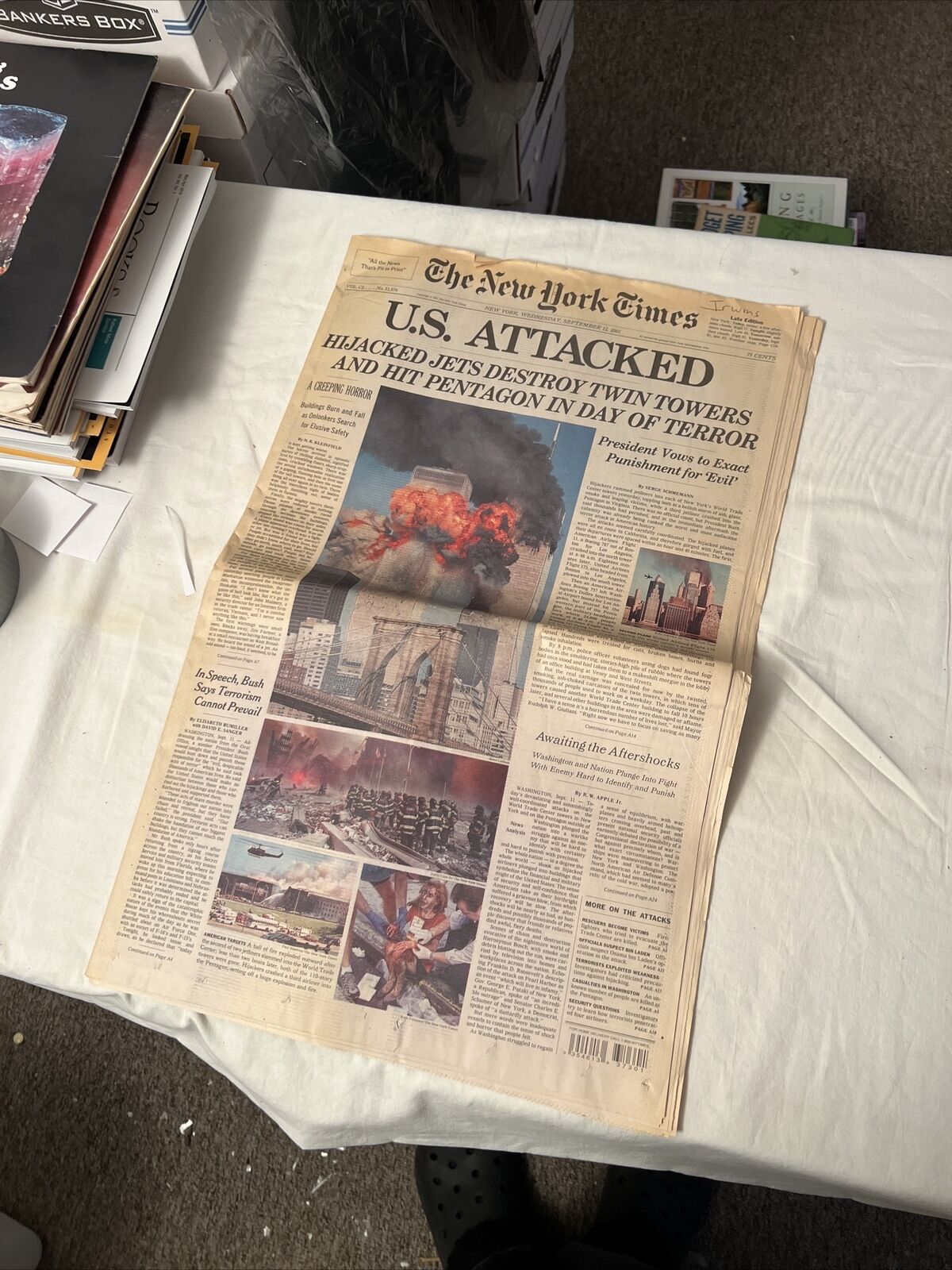 SEPTEMBER 12, 2001 EDITION OF THE NEW YORK TIMES —THE DAY AFTER 9/11 ATTACK.
