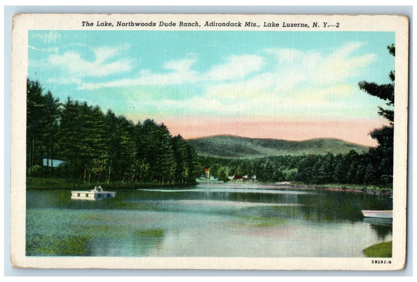 1946 The Lake Northwoods Dude Ranch Adirondacks Mts Lake Luzerne NY Postcard