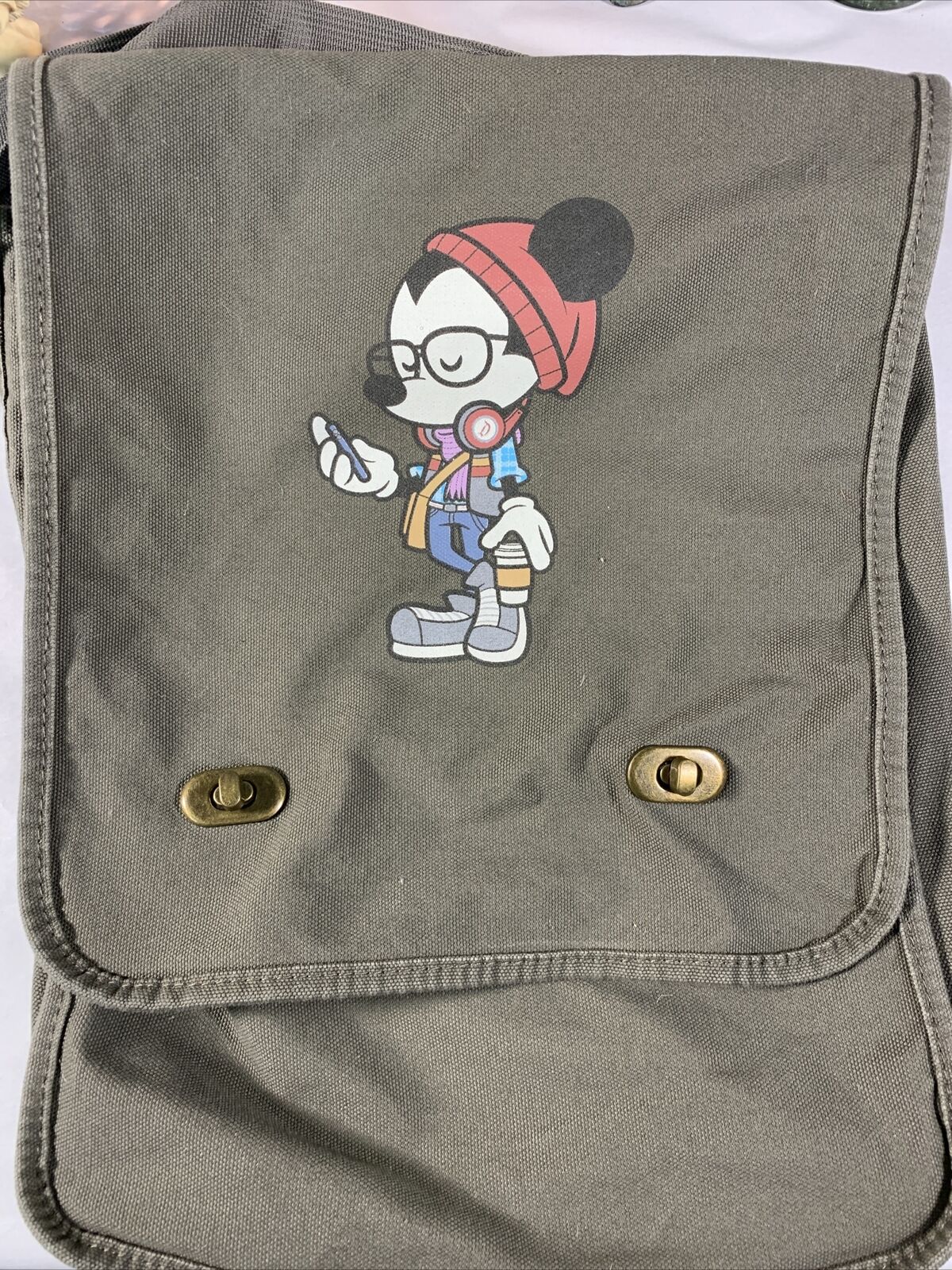 Disney WonderGround Gallery Hipster Mickey Mouse Messenger Bag Khaki Green -Mint