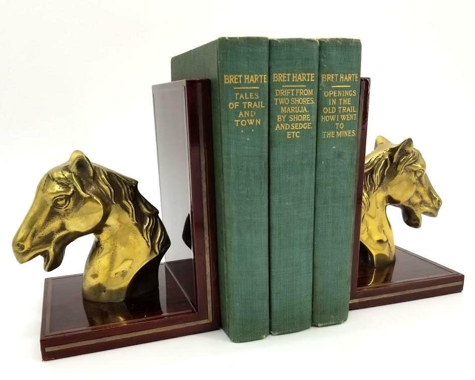 Vintage Horse Stallion Brass Bookends  Cherry Wood Inlay Set Of (2)