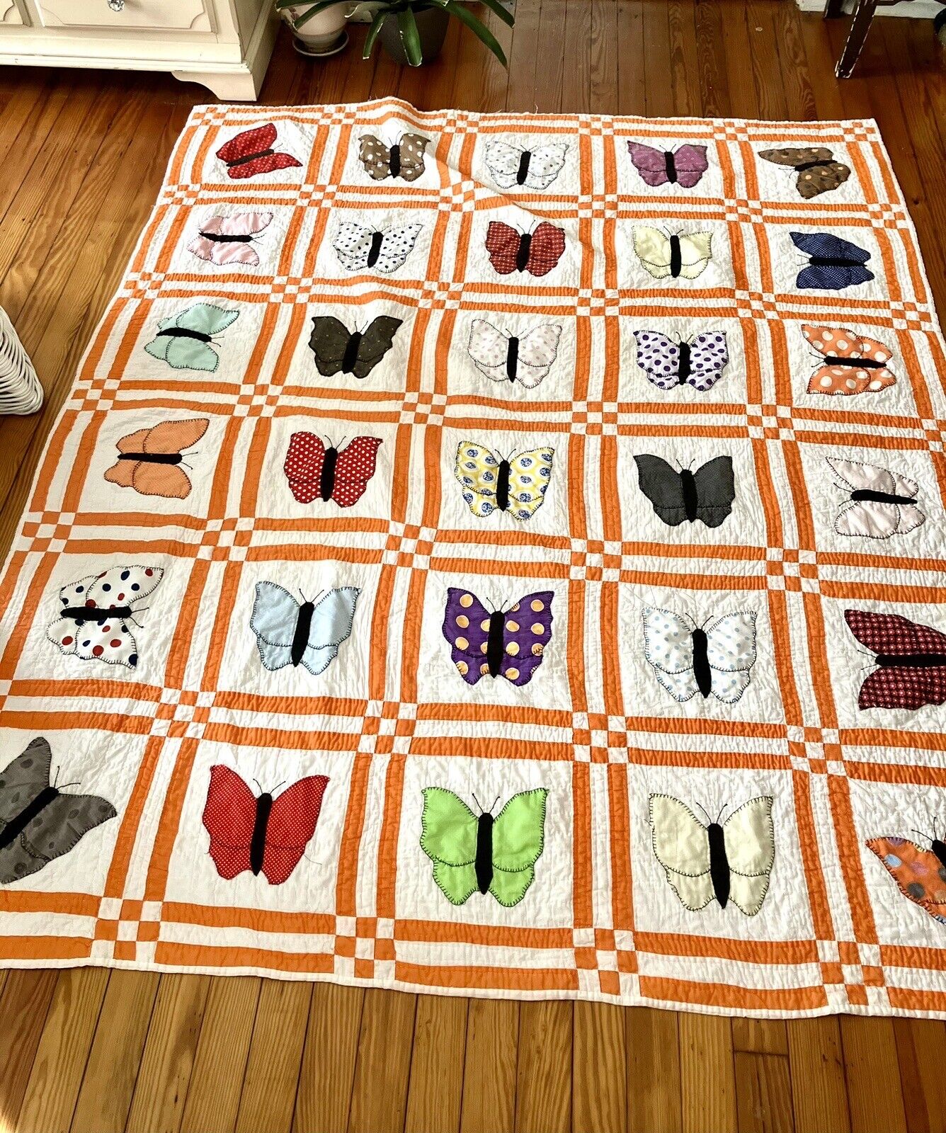 Vintage Handmade Butterfly Quilt Block Orange Boarder 85x73 Large