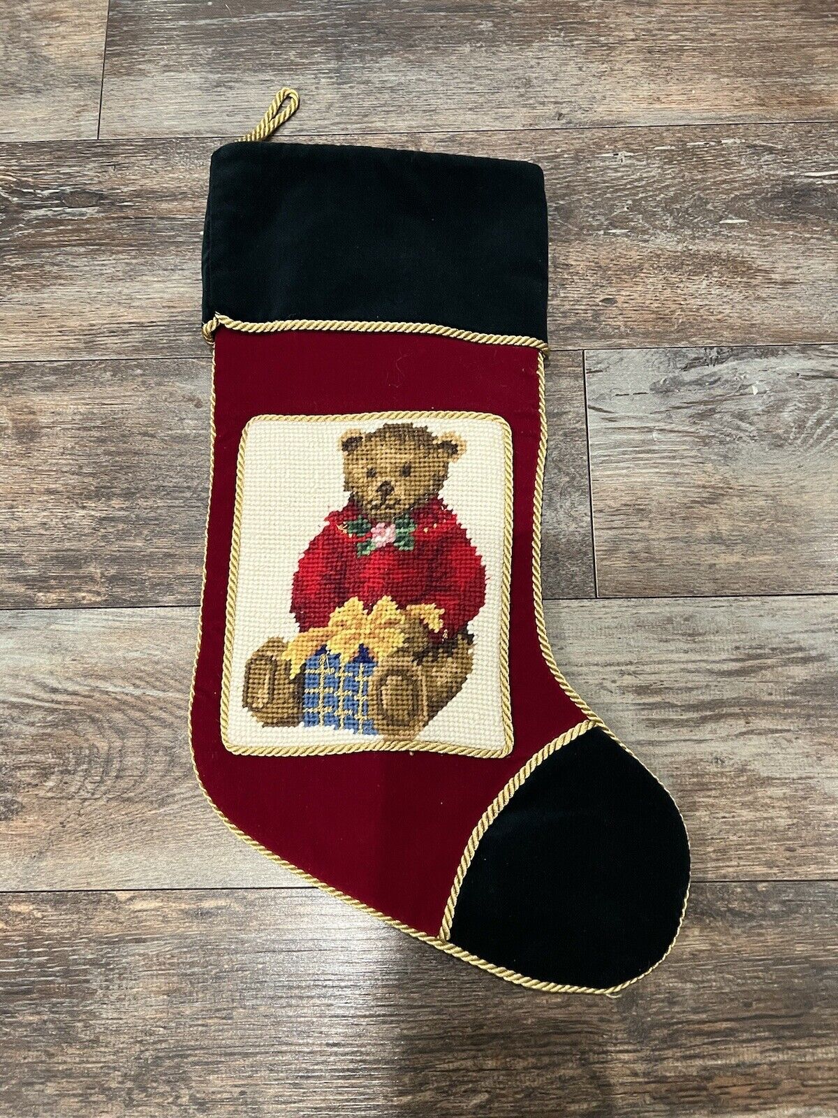 Lillian Vernon Wool Needlepoint Christmas Stocking Bear w Present, Cotton Velvet