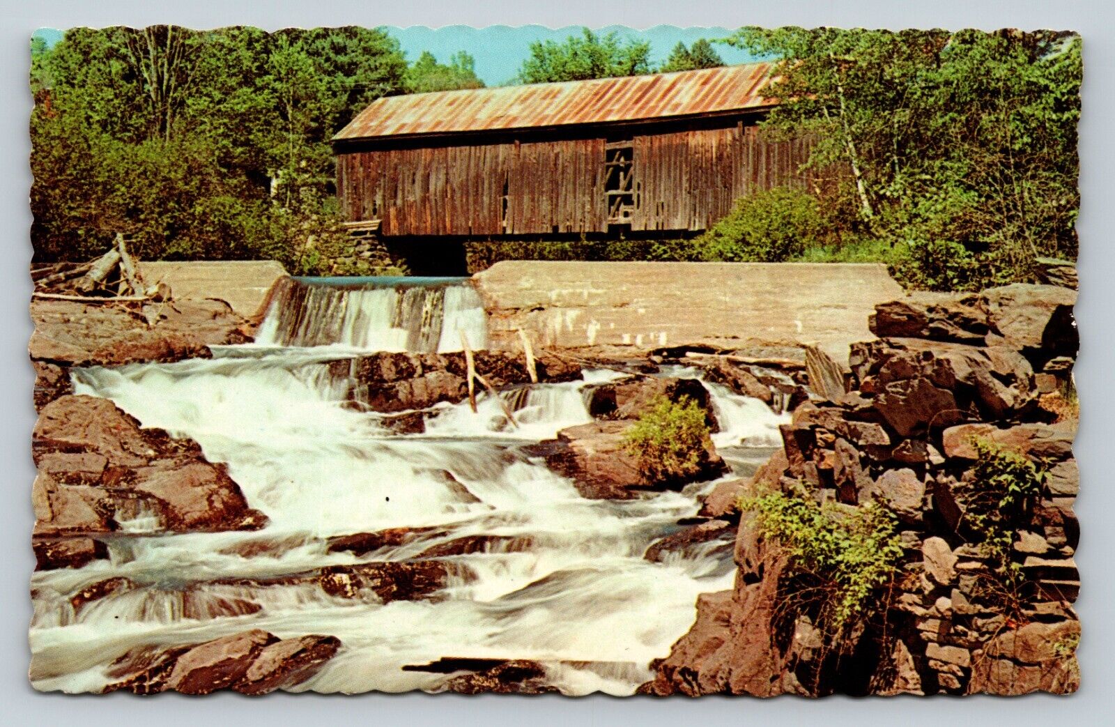 Covered Bridge Straddling Sparkling Rapids, Thetford Center VT VINTAGE Postcard