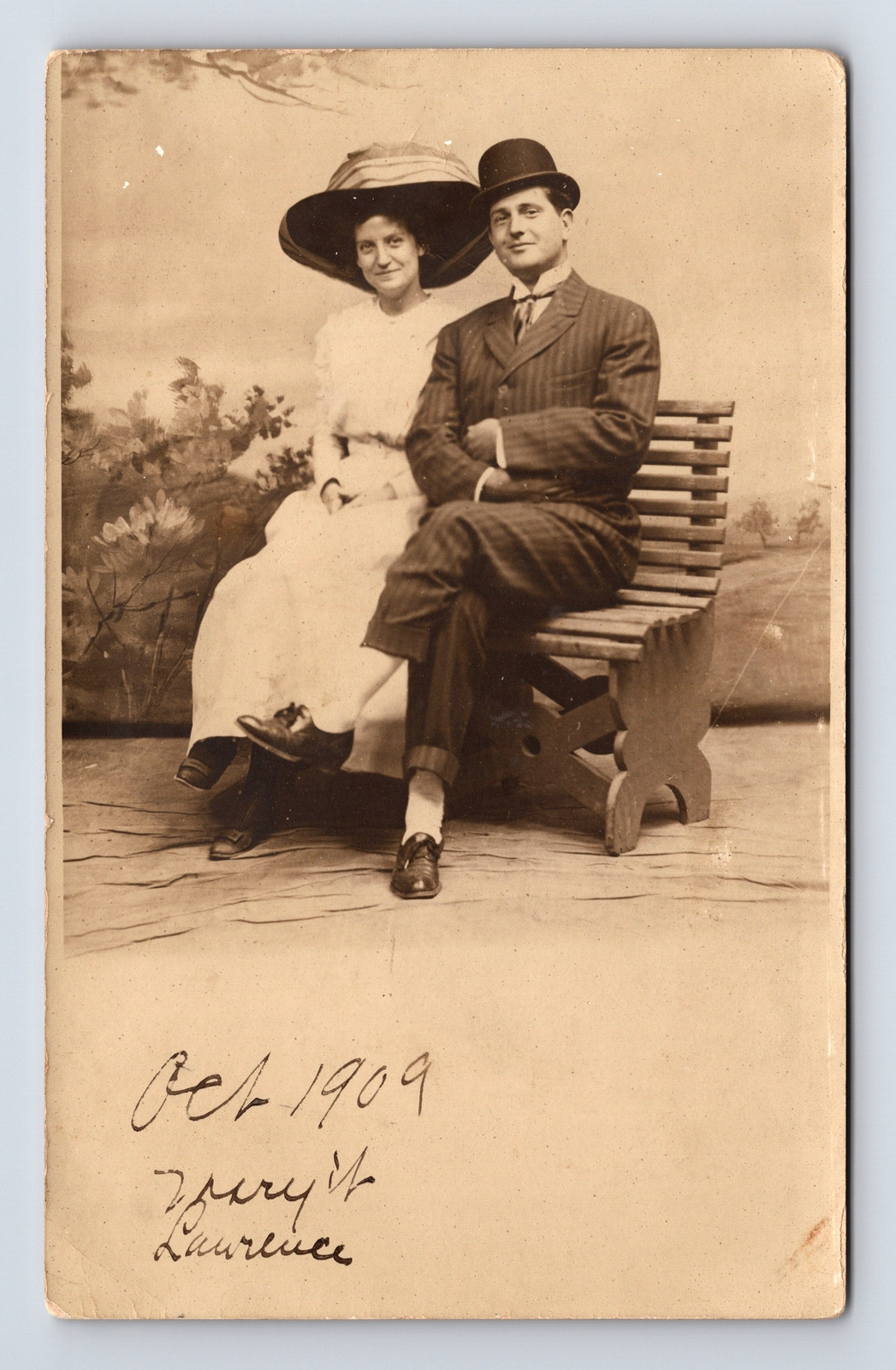 c1909 RPPC Lover's Portrait Merry Widow & Bowler Hat Real Photo Postcard