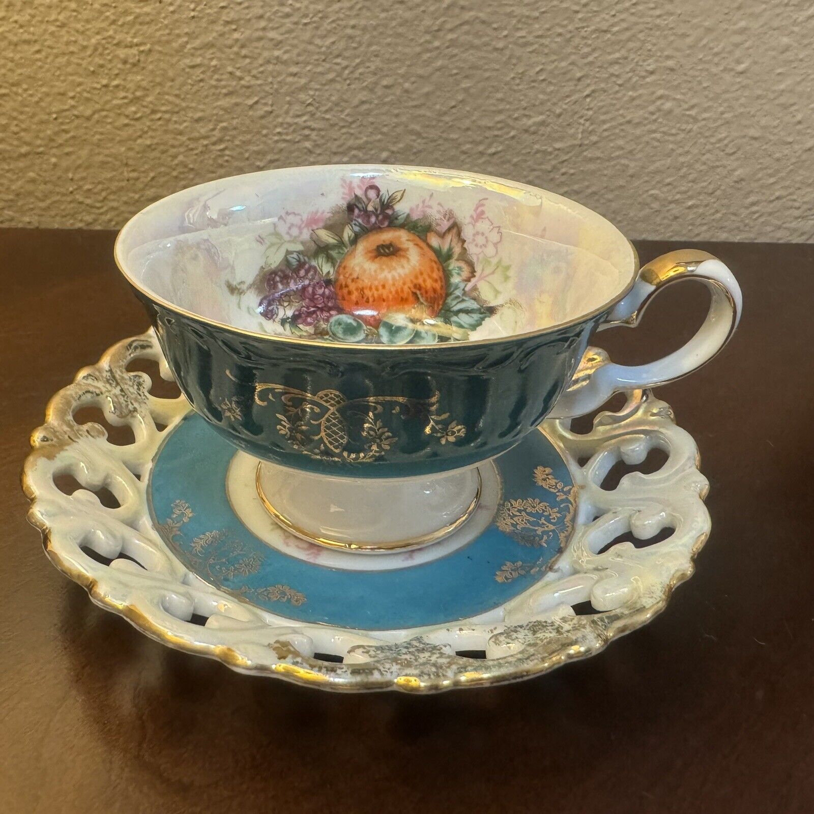 Vintage LM Royal Halsey Luster Tea Cup & Saucer Set - Teal & Fruit