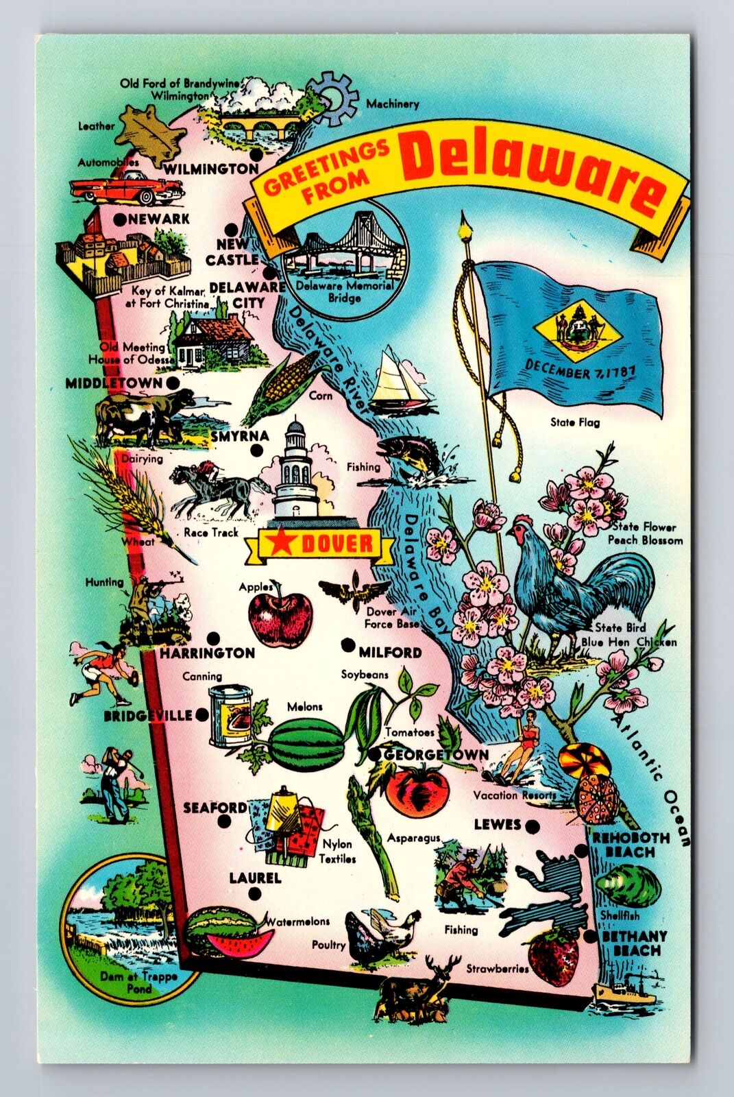 DE-Delaware, General Greetings, State Map, Tourist Sites, Vintage Postcard
