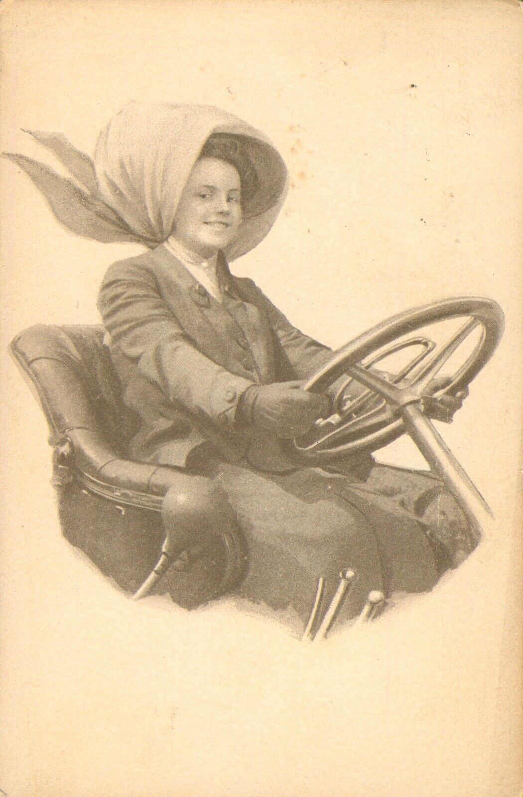 PRETTY LADY DRIVER wearing SCARF over HAT Antique POSTCARD 1915 Beautiful