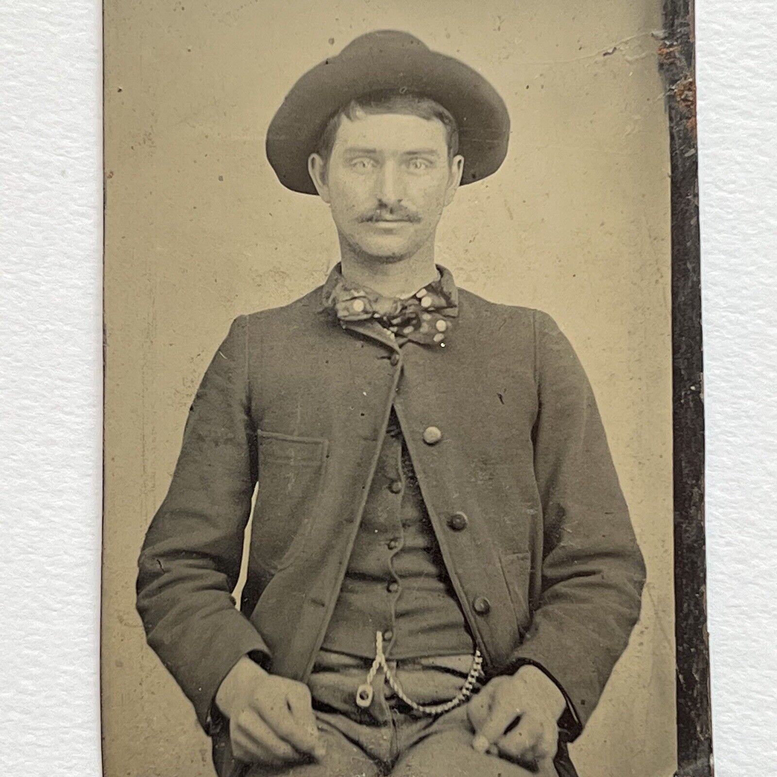 Antique Tintype Photograph Handsome Man Cowboy Hat Mustache Polka Dot Bow Tie