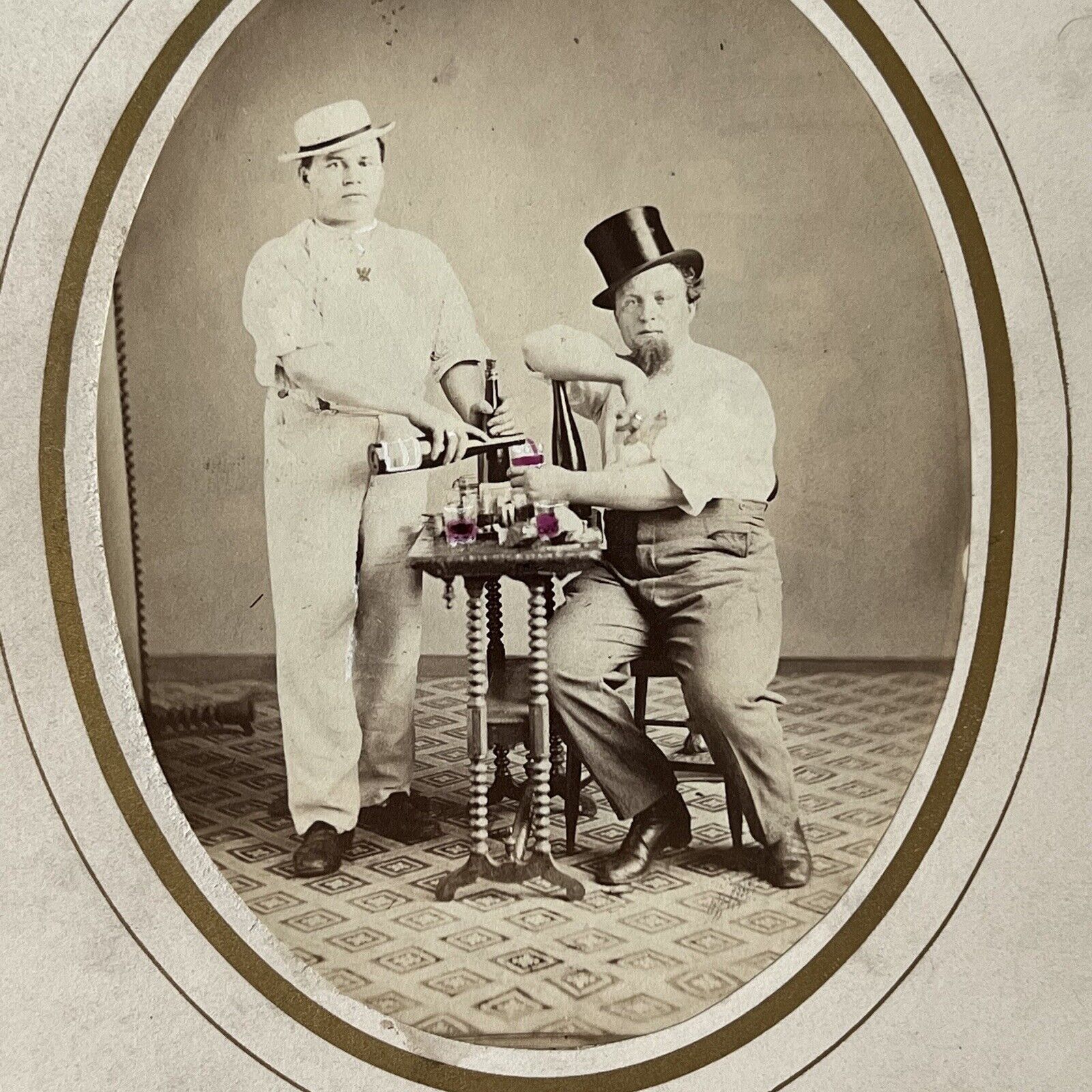 Antique Cabinet Card Photograph Man In Top Hat Drinking Wine Waiter Occupational