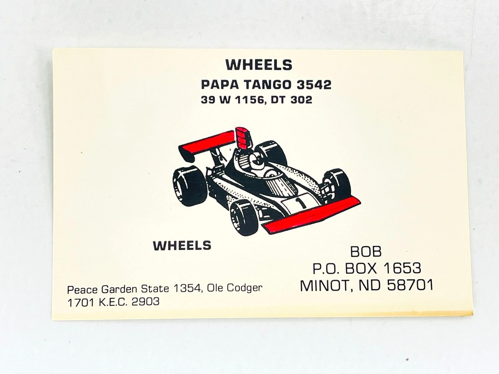 Vintage QSL Card Ham CB Amateur Radio Wheels Papa Tango 3542 Bob Minot ND