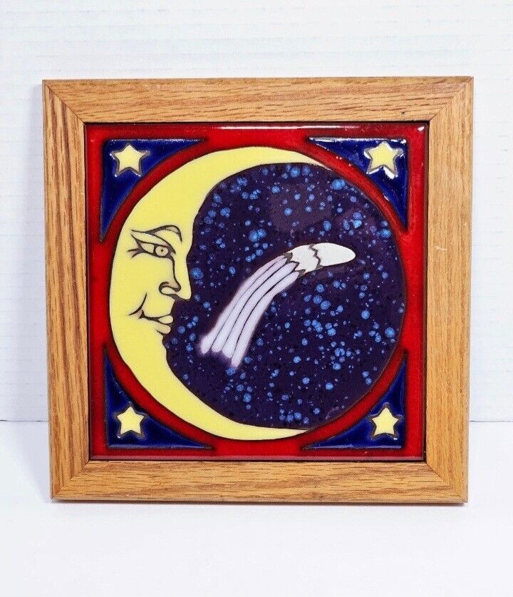 Vintage Triton Handpainted Tile Moon Stars Hanging Picture Hotplate Trivet 7.5\