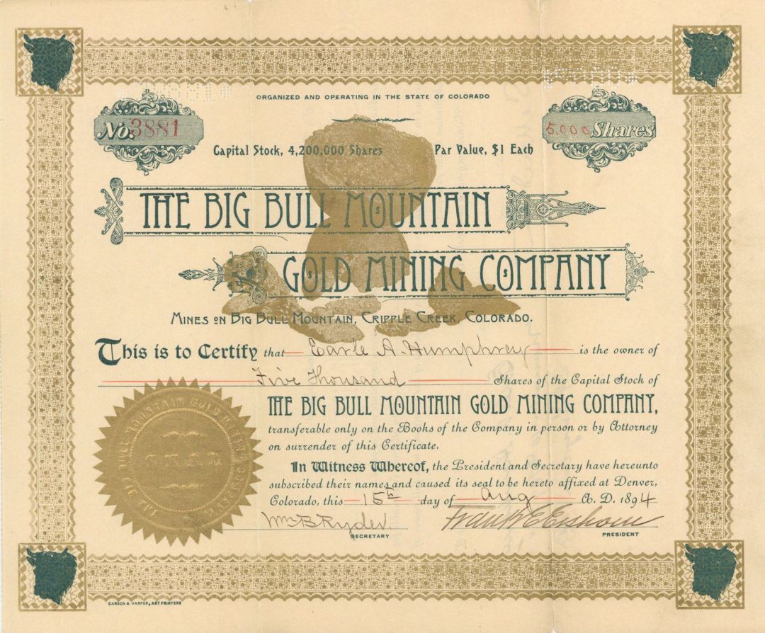 Big Bull Mountain Gold Mining Co. - Colorado Mining Stock Certificate - Mining S