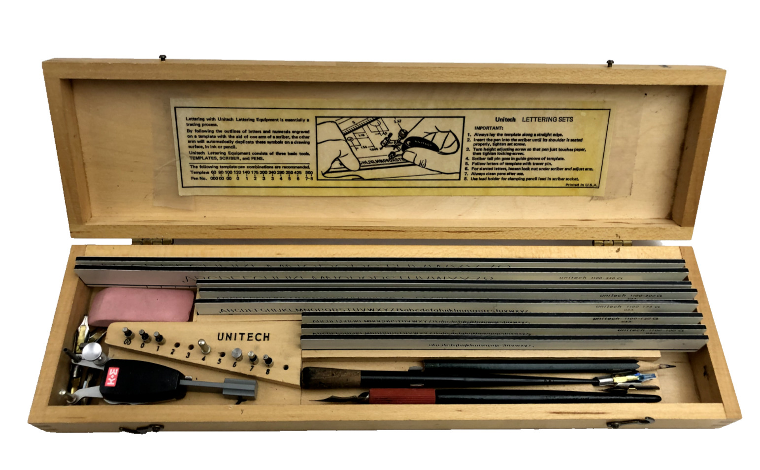 Vintage Unitech Drafting Lettering Set In Wood Case Templates Pencils