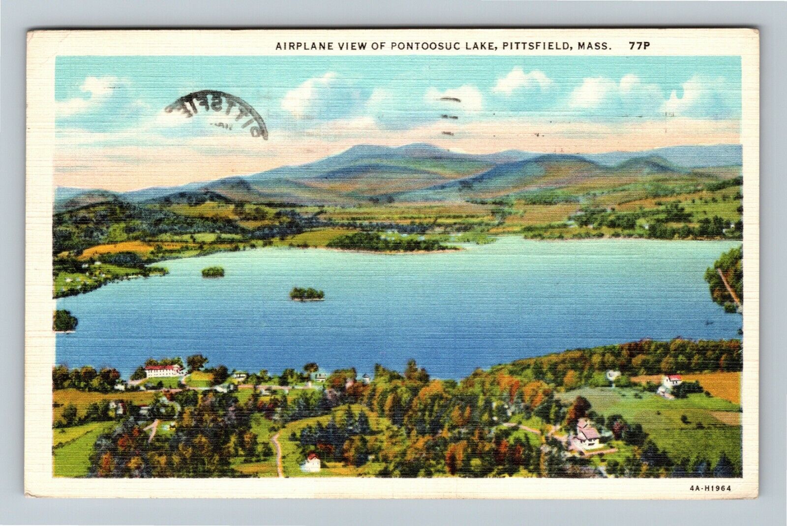 Pittsfield Massachusetts Aerial View Pontoosuc Lake  c1943 Vintage Postcard