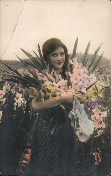 Women RPPC Tinted Photo: Woman with Colored Flowers Real Photo Post Card Vintage