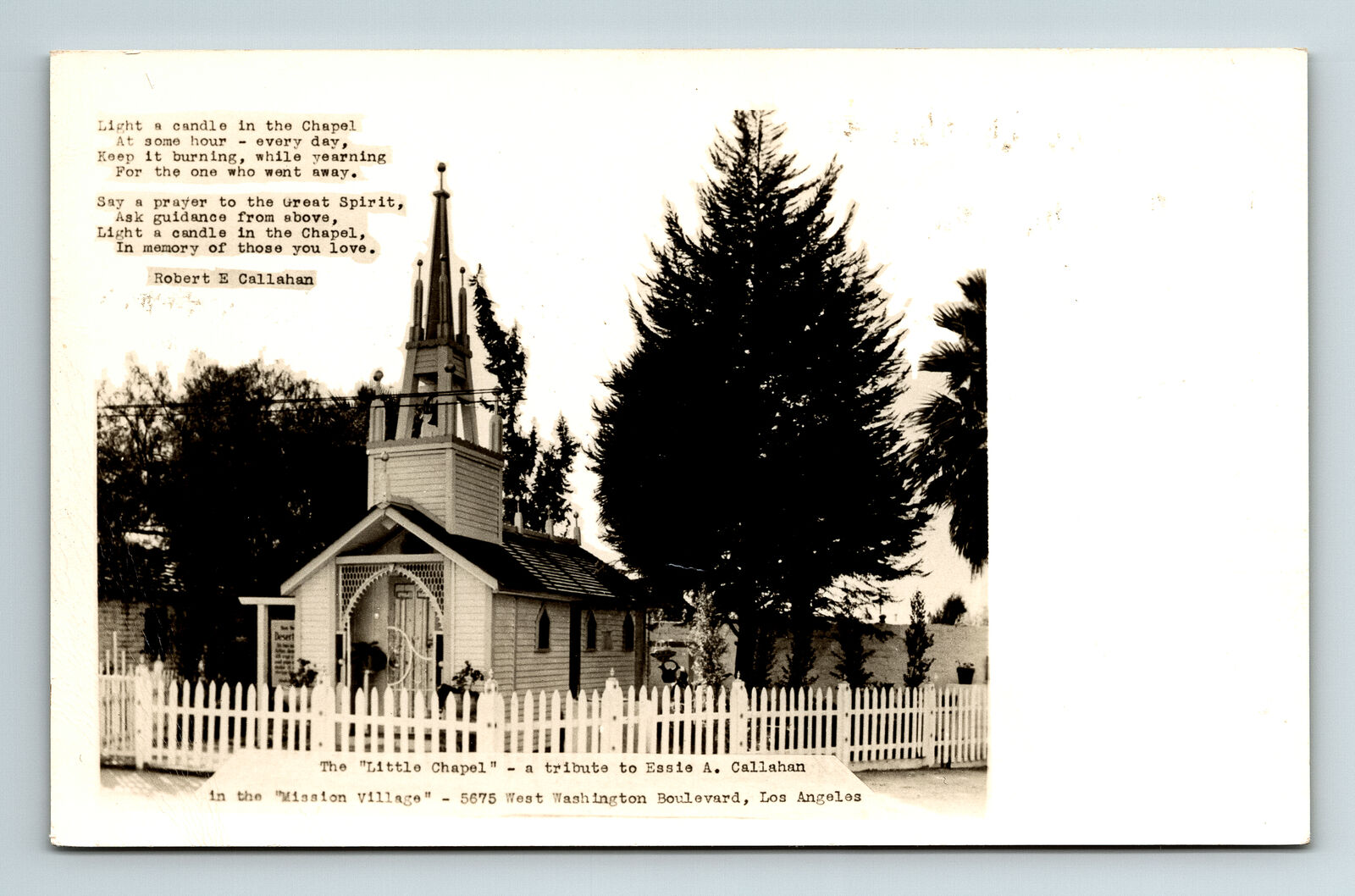 RPPC Postcard Los Angeles CA The Little Chapel Original Location Mission Village
