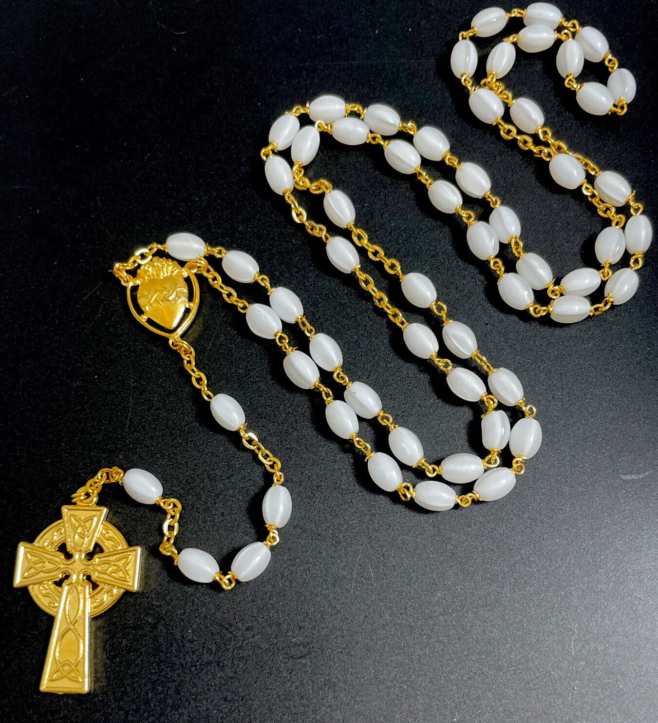 Catholic White Milk Glass 20” Rosary, Gold Tone Celtic Cross