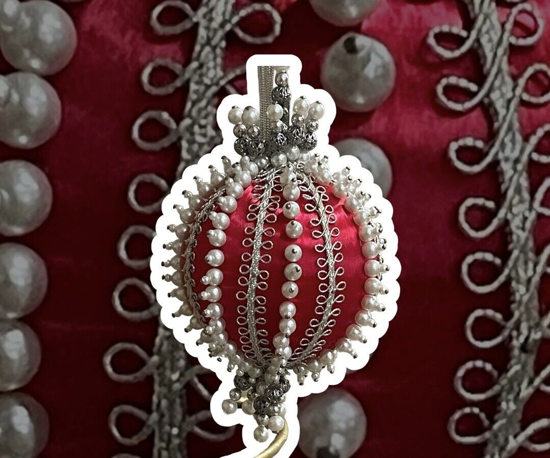 Vintage Push Pin Beaded Christmas Ornament Handmade Red White Silver 1970