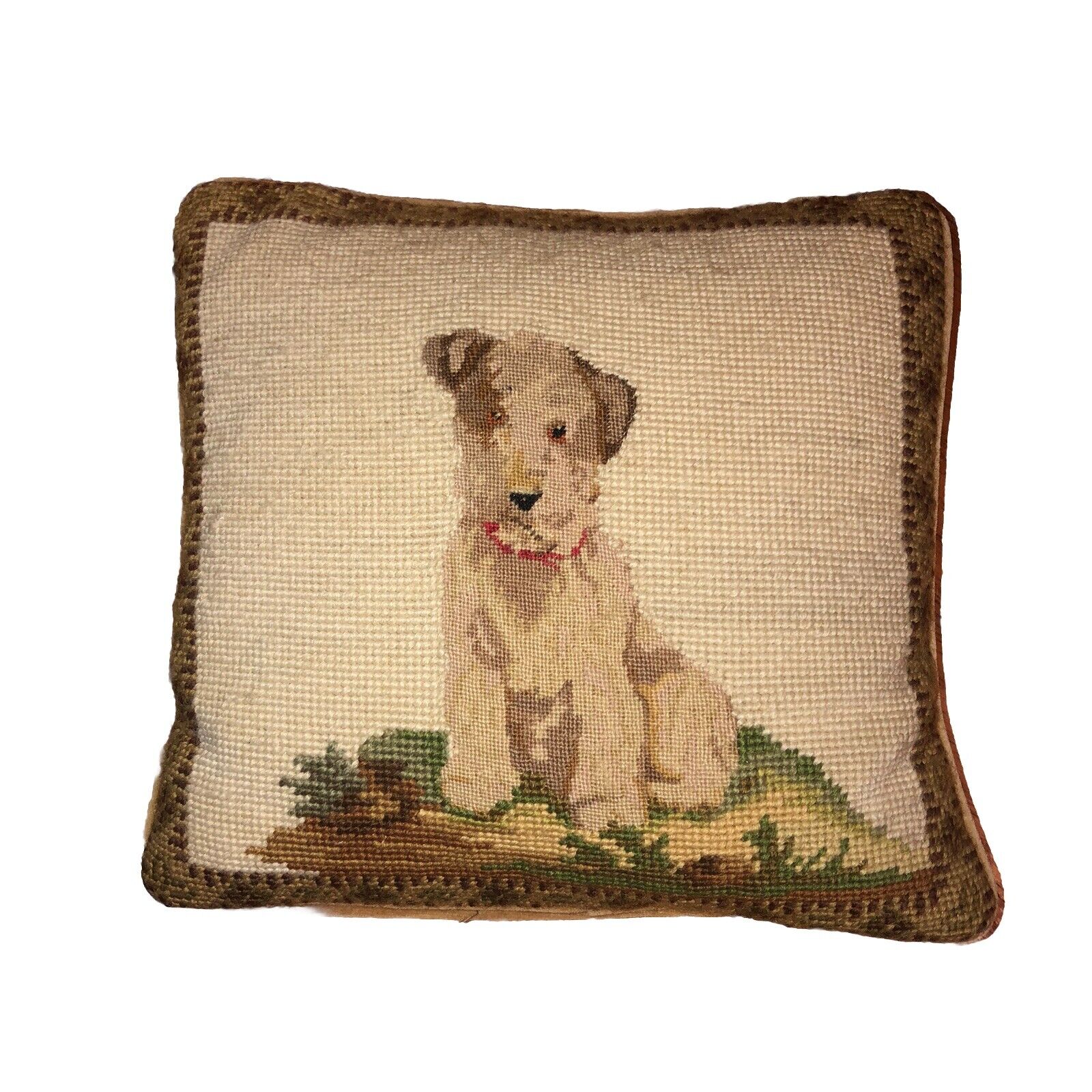 Vintage / Antique Wool Needlepoint Throw Pillow  Dog Terrier 12” X 12”