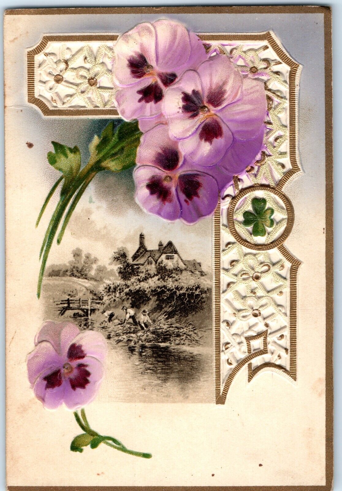 c1900s Empty Folding Greeting Card Art Nouveau Paper Lace Flower House Gilt C31
