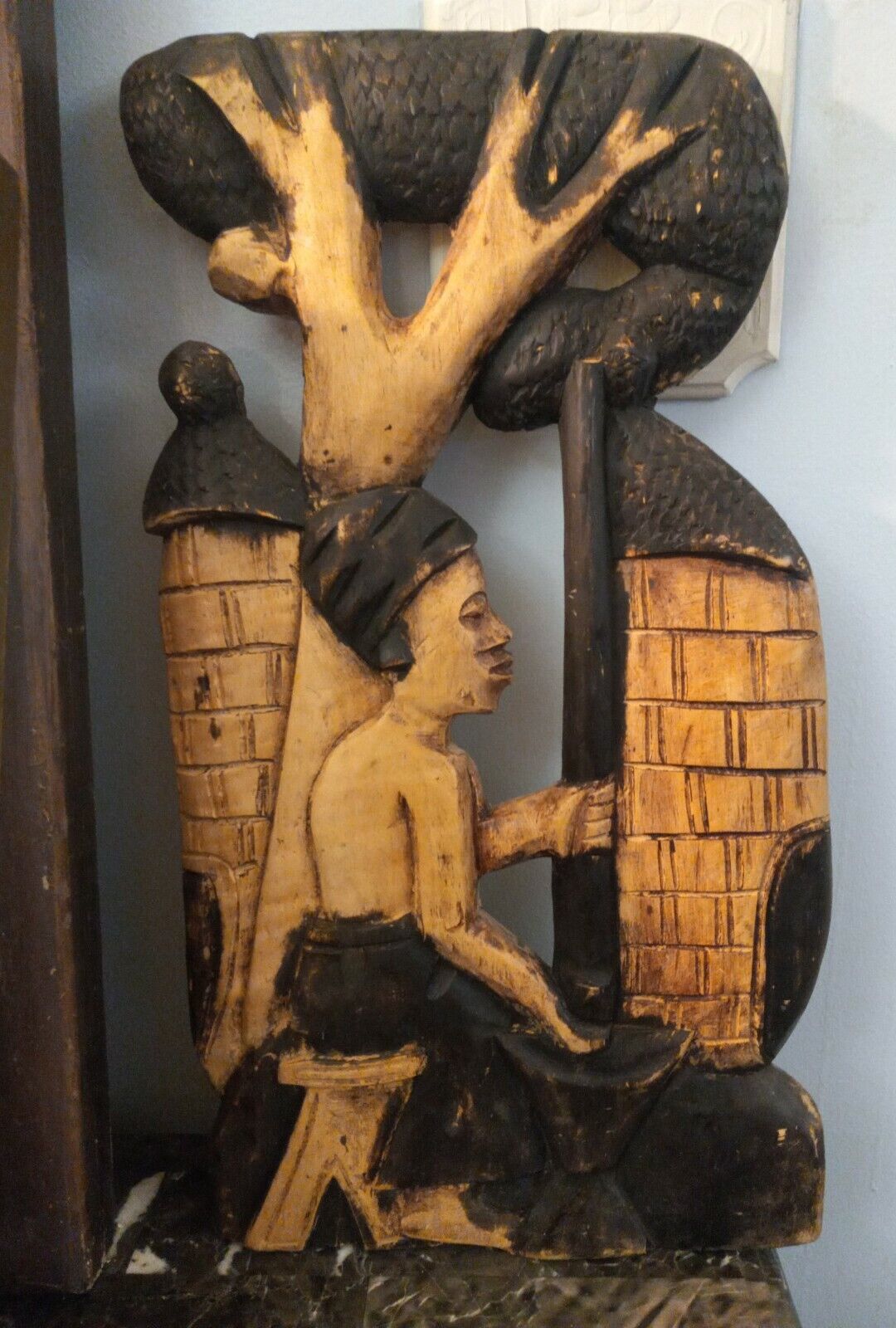 Vintage Hand Carved Wooden Wall Art Plaque Ghana Africa Village Scene 20.5\