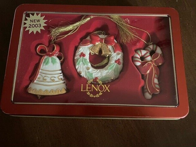 2003 LENOX 3-piece Ornament Christmas Set - Wreath Bell Candy Cane - Tin Box Set