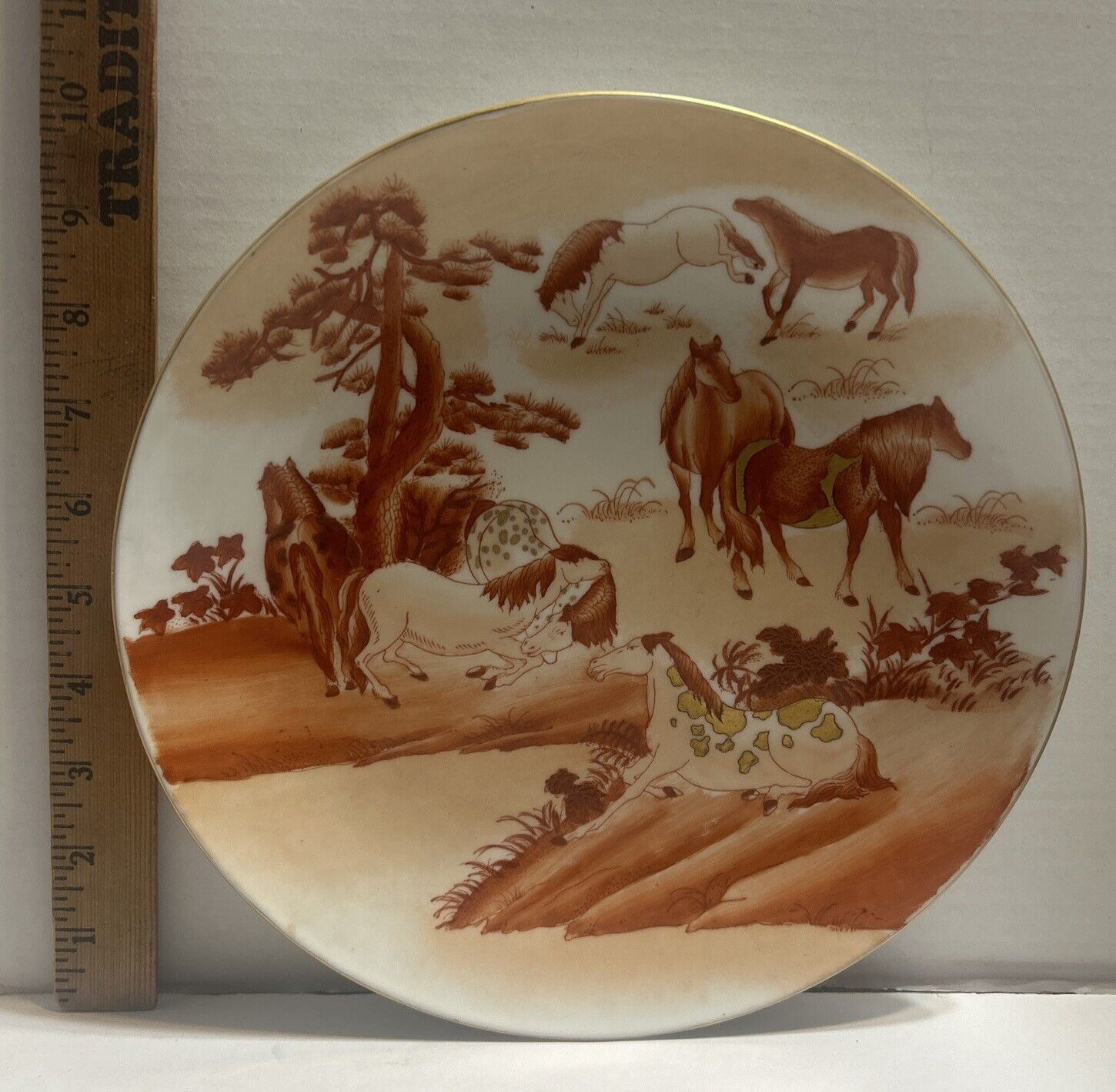 Vintage Macau Porcelain Dish W/Horses Chinese Japanese Iron Red Ceramic Plate