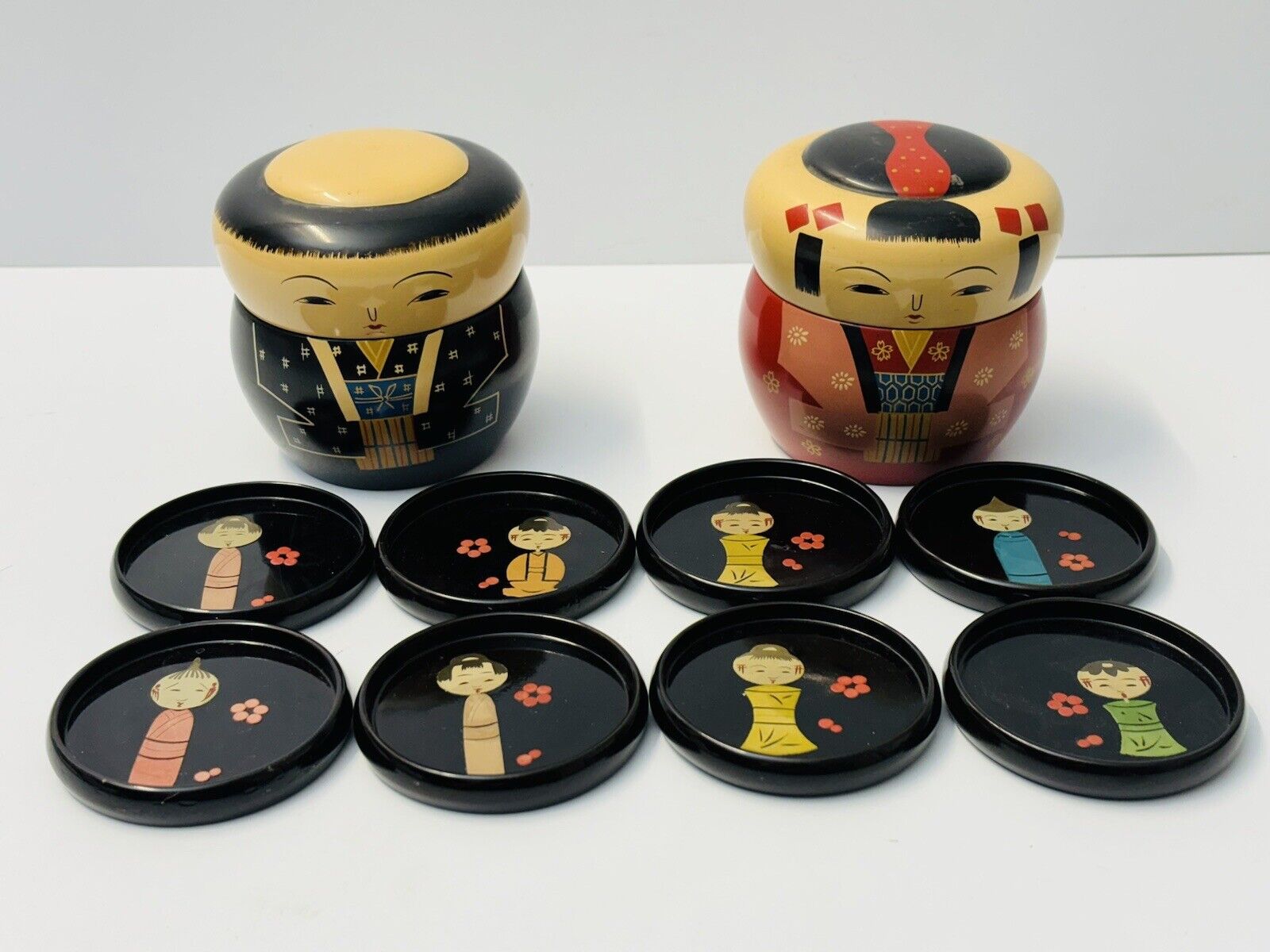 Rare Japanese Lacquerware Kokeshi Set of 2 Bento Boxes+8 Enameled Wood Coasters