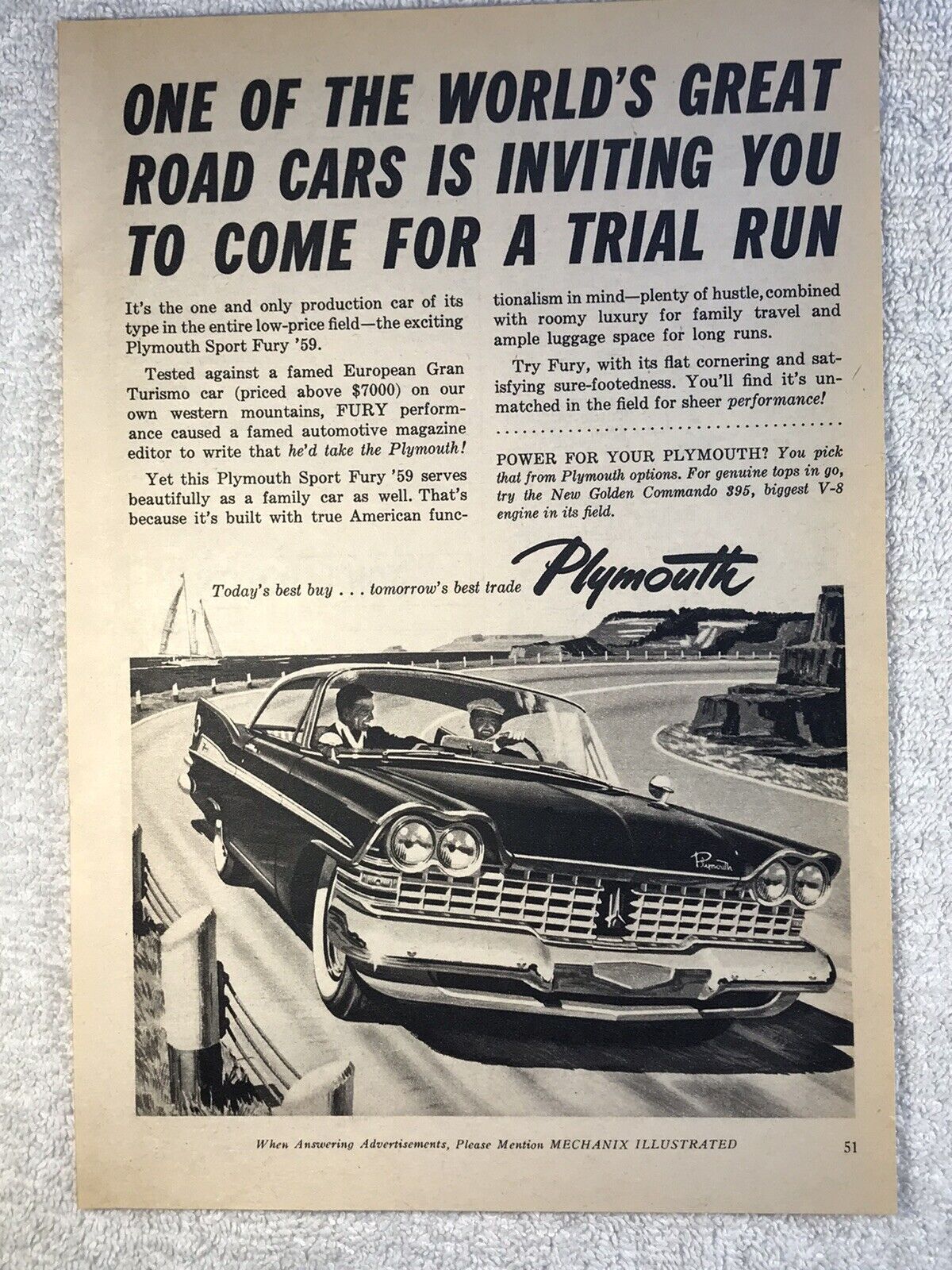 1959 Plymouth Sport Fury Vintage Print Full Page Ad Original 