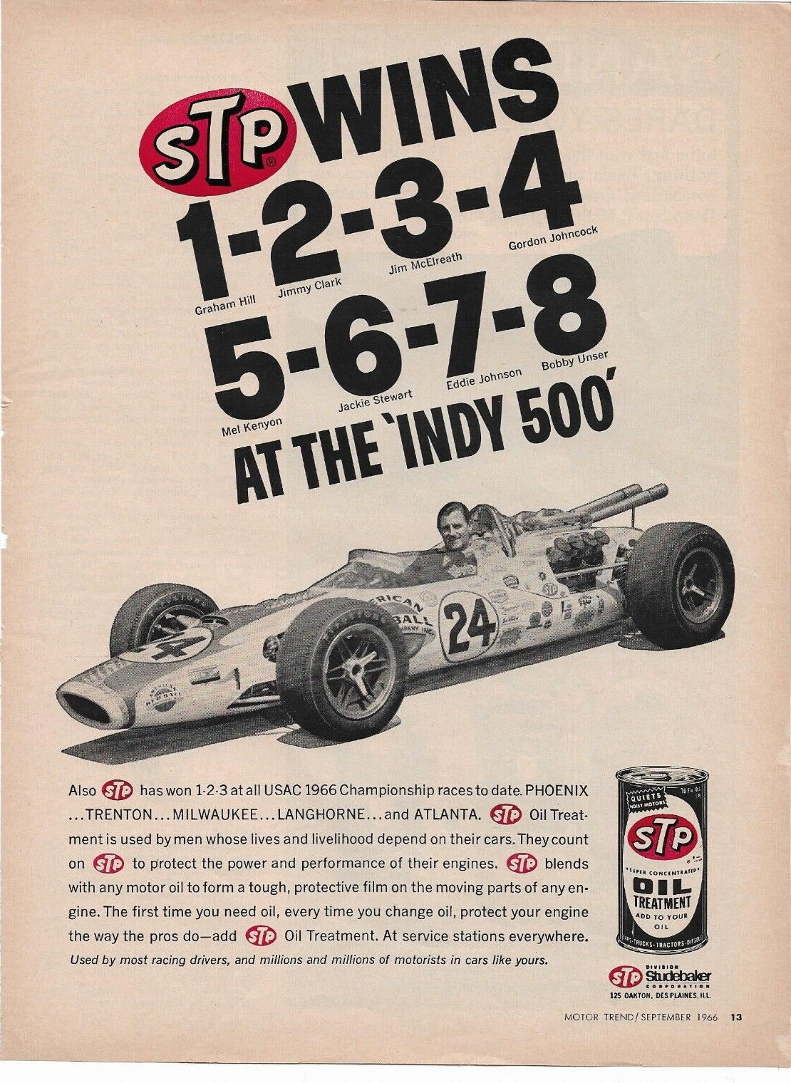 STP Wins Vtg 1966 Print Ad Indy 500 STP Oil Treatment Helps Protect Engine