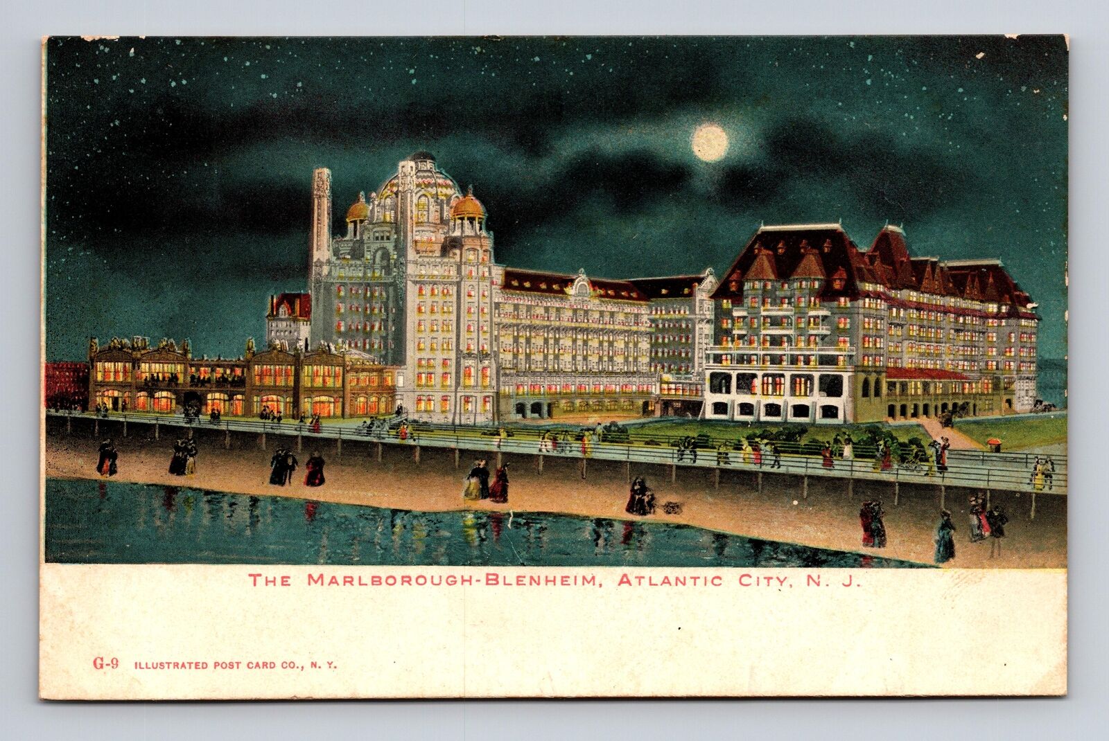 UDB Postcard Atlantic City NJ New Jersey Marlborough-Blenheim Hotel at Night