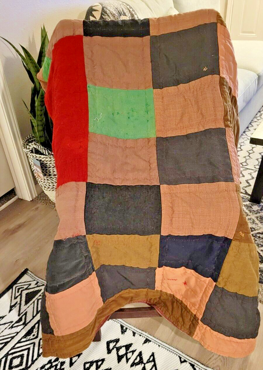 Vintage Cutter Quilt Corduroy Rustic Military Green Multicolor Apx 78x65