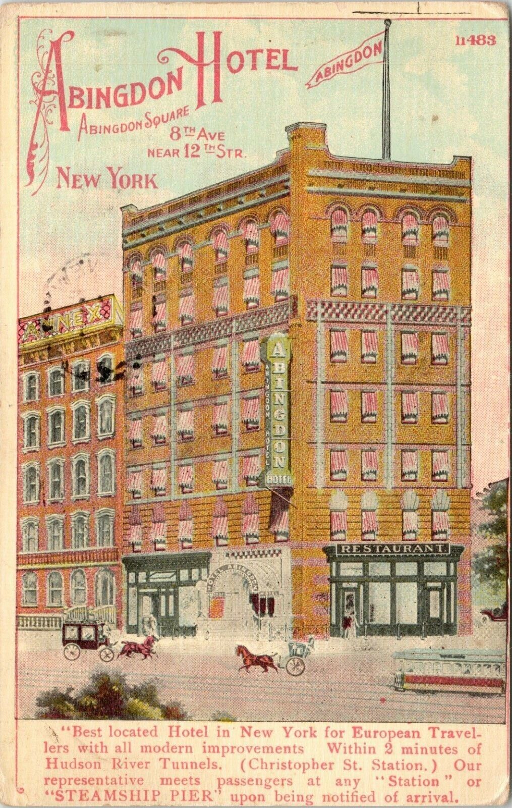 C.1910s New York City ABINGDON HOTEL Street View Trolley Horse Buggy Postcard 91
