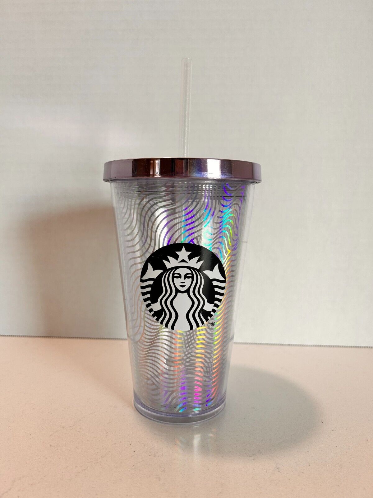 2014 Starbucks Iridescent Waves Acrylic 16oz Tumbler Cold Cup W/Straw Used
