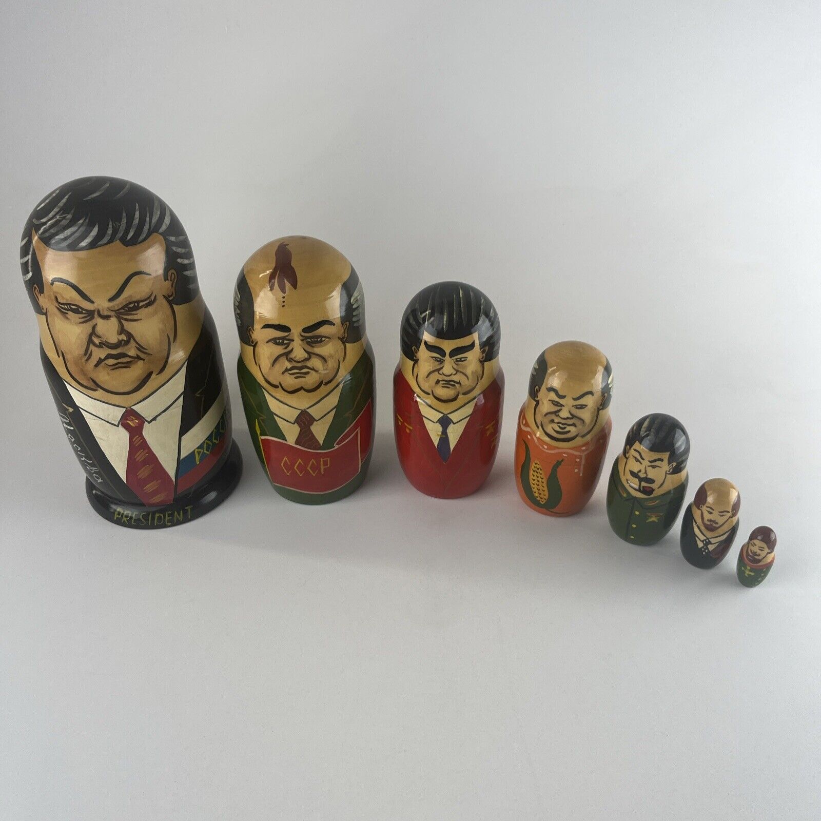 Vintage Nesting Dolls Russian USSR Presidents Set of 7 Soviet Leaders 8 1/2