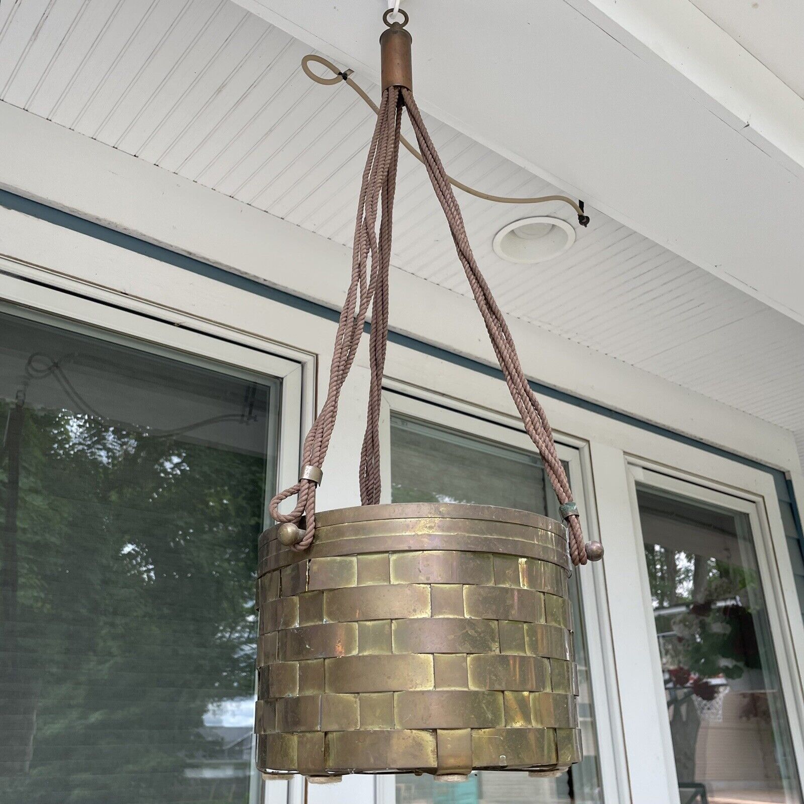 Large Brass Hanging Woven Basket Planter Ropes And Brass Hook Topper 8.5” X 11”
