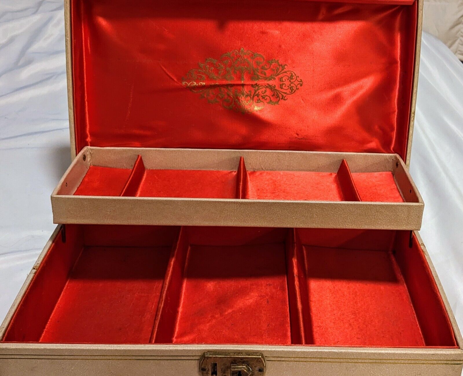 Vintage 1960's Mele Jewelry Box  2 Tier Off-White Red Satin Interior