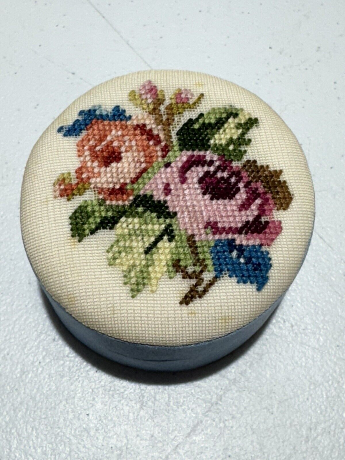 Vintage Fetco Silk Needlepoint Round Jewelry Box Trinket Flowers Hand Stitched