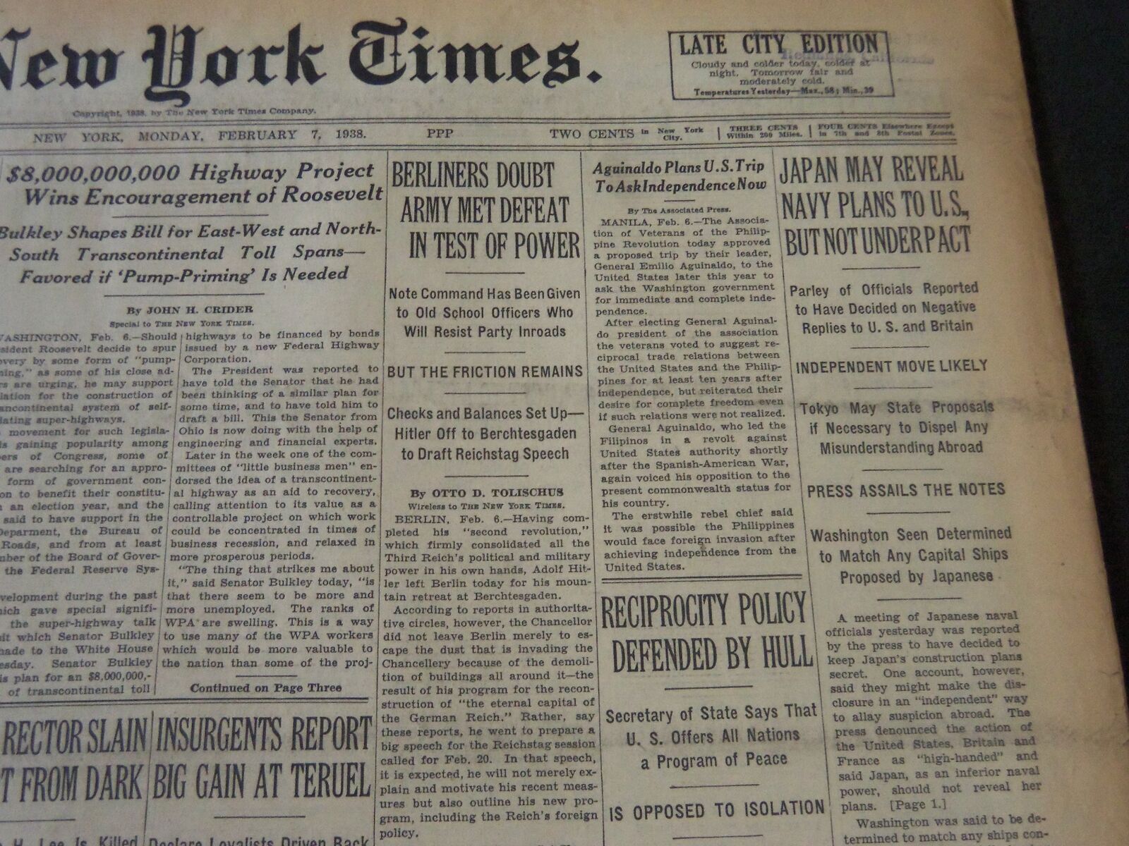 1938 FEBRUARY 7 NEW YORK TIMES - JAPAN MAY REVEAL NAVY PLANS TO U. S. - NT 6258