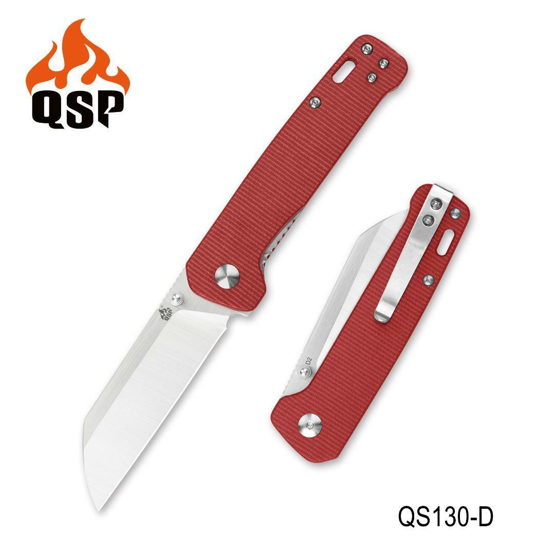 QSP Penguin Folding Knife Red Linen Micarta Handle D2 Plain Edge QS130-D