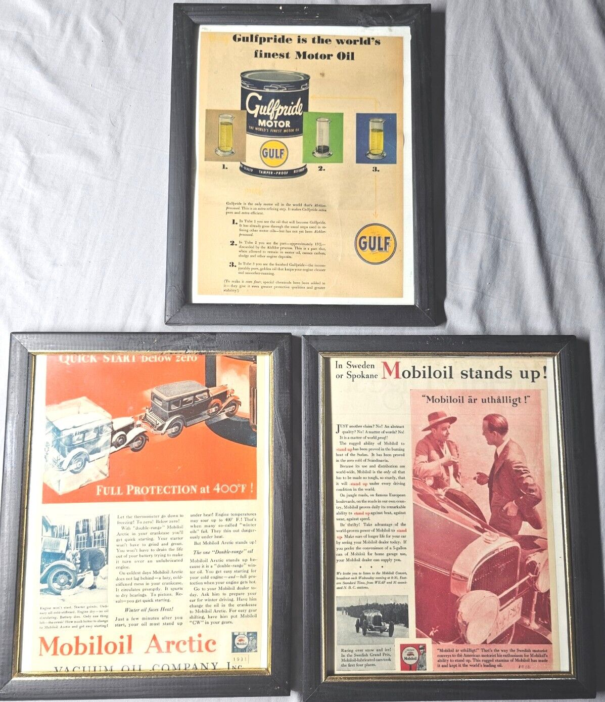 3pc Antique 30's And 40's Oil Advertisments - Mobil And Gulf