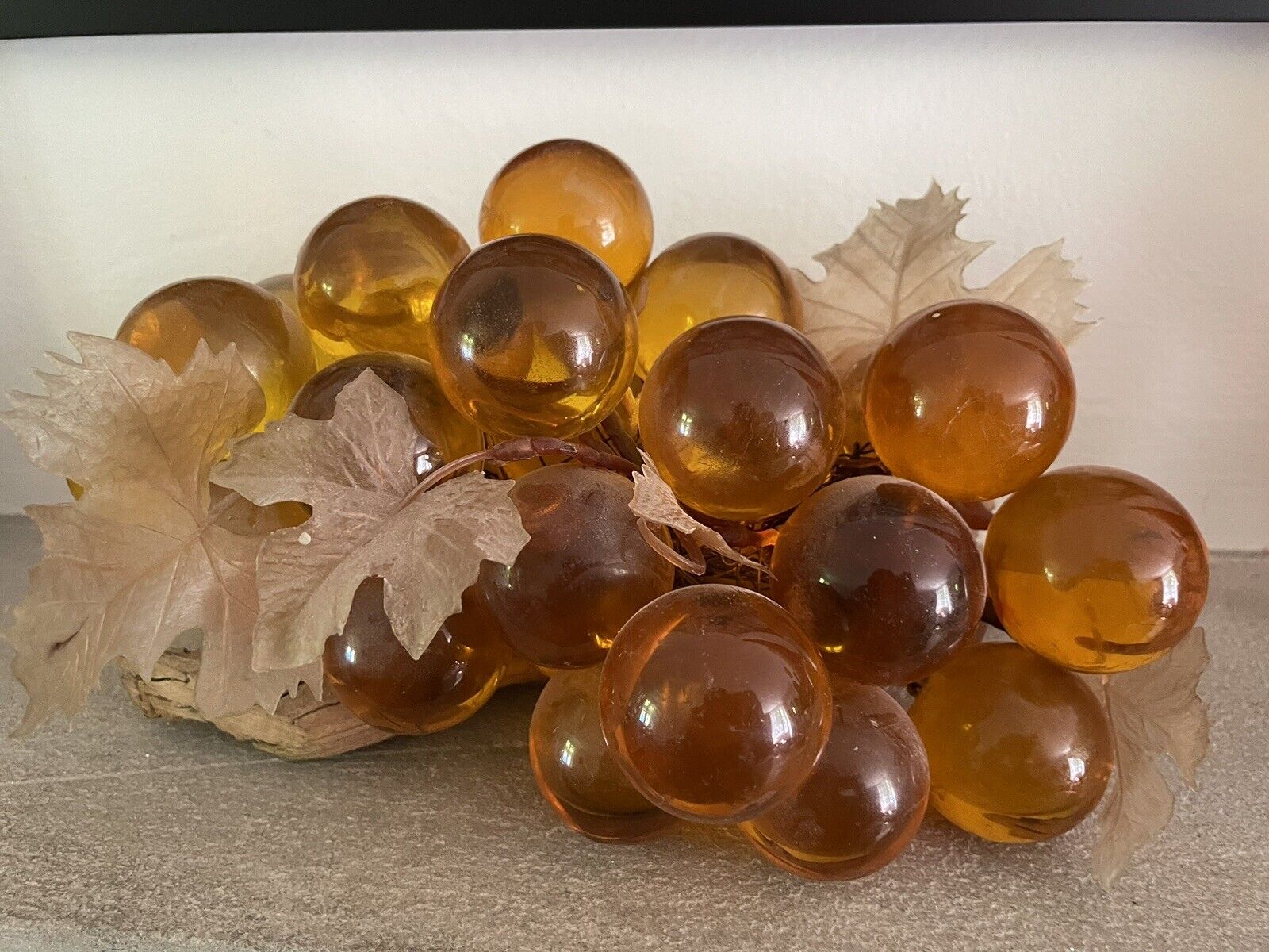 Lucite Acrylic Grape Cluster Wood Stem Large Amber Yellow Mid Century Vintage