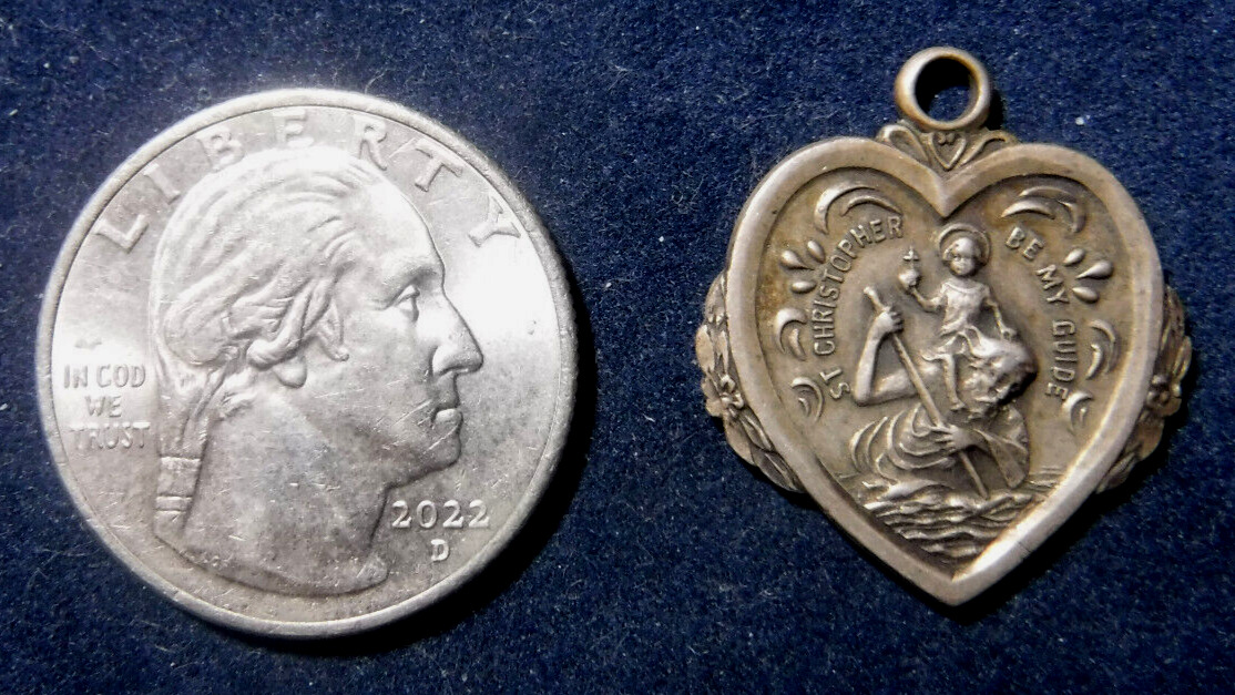 Vintage Sterling Silver St Christopher Medal Heart Shapped.