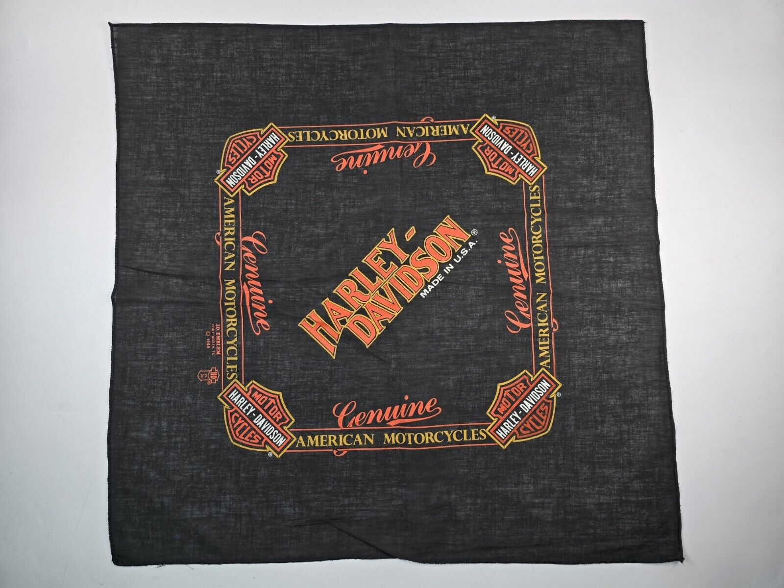 Vintage Genuine Harley Davidson Logo Scarf Bandana Handkerchief 1989 Black
