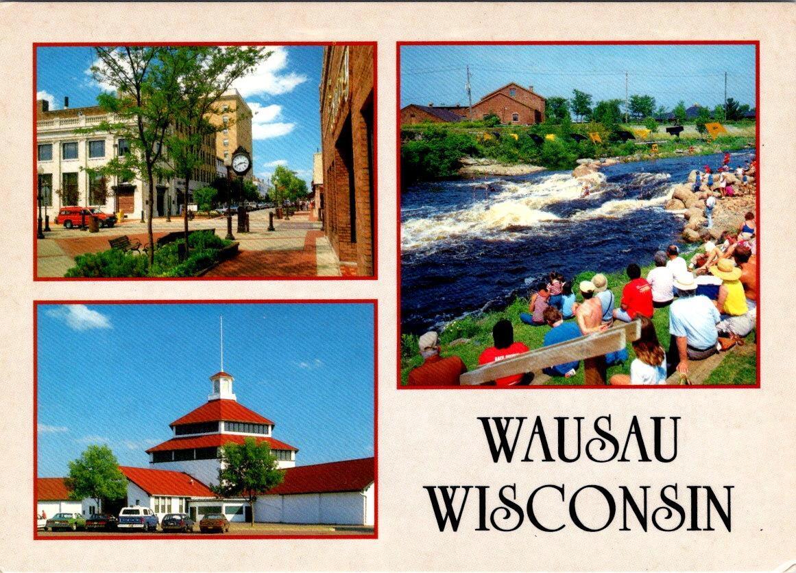 Wausau, WI Wisconsin  THIRD STREET SCENE~EXHIBITION BLDG~KAYAKING  4X6 Postcard
