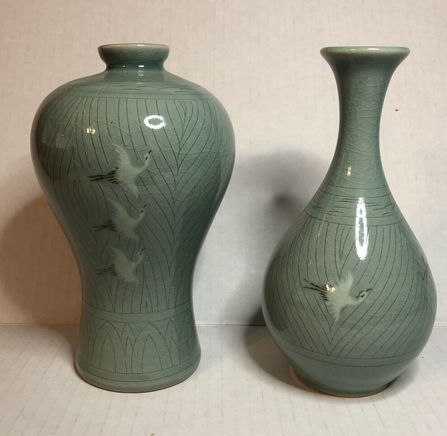 Pair of 2 Korean Celadon Crackle Vase Flying Cranes in Green.  6.5\