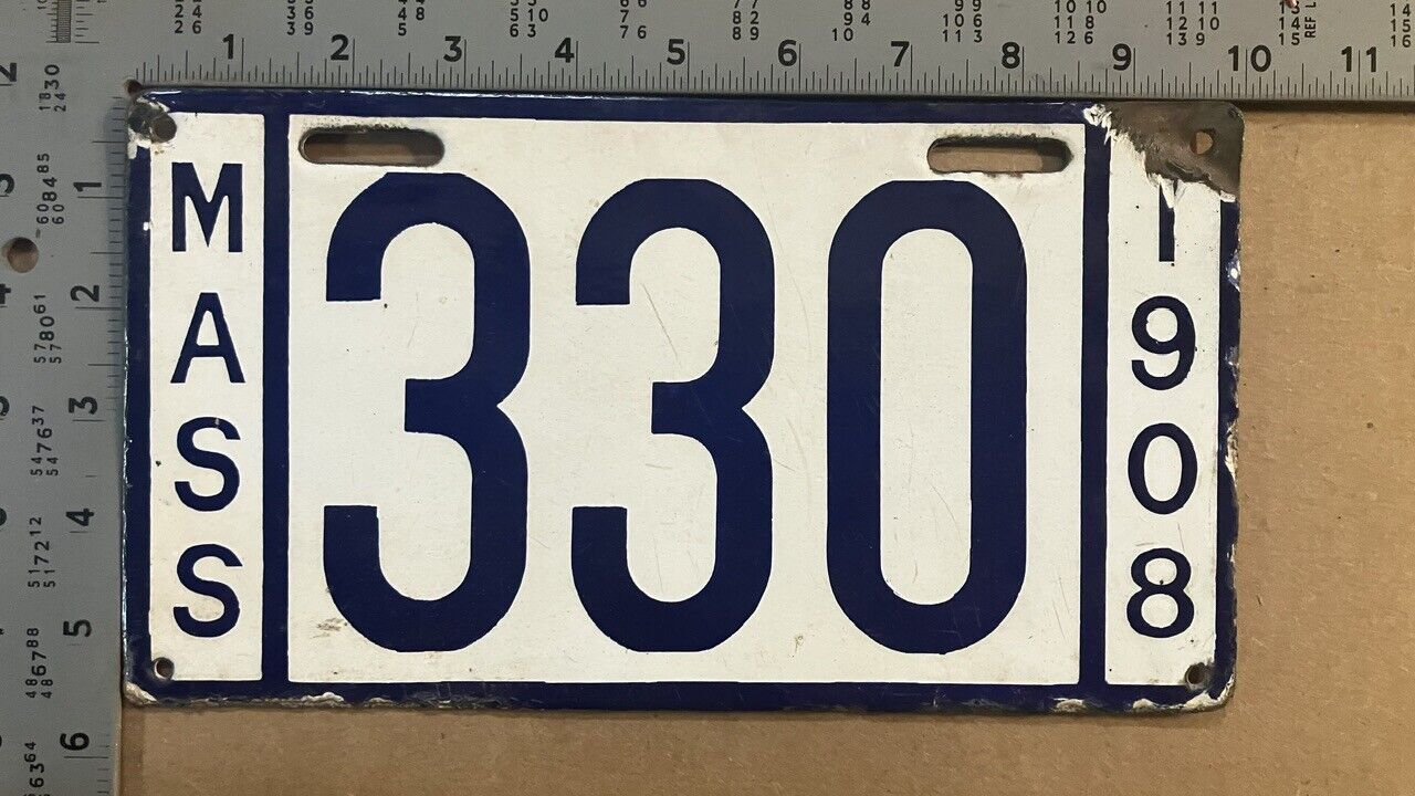 1908 Massachusetts license plate 330 first dated year PORCELAIN 16636