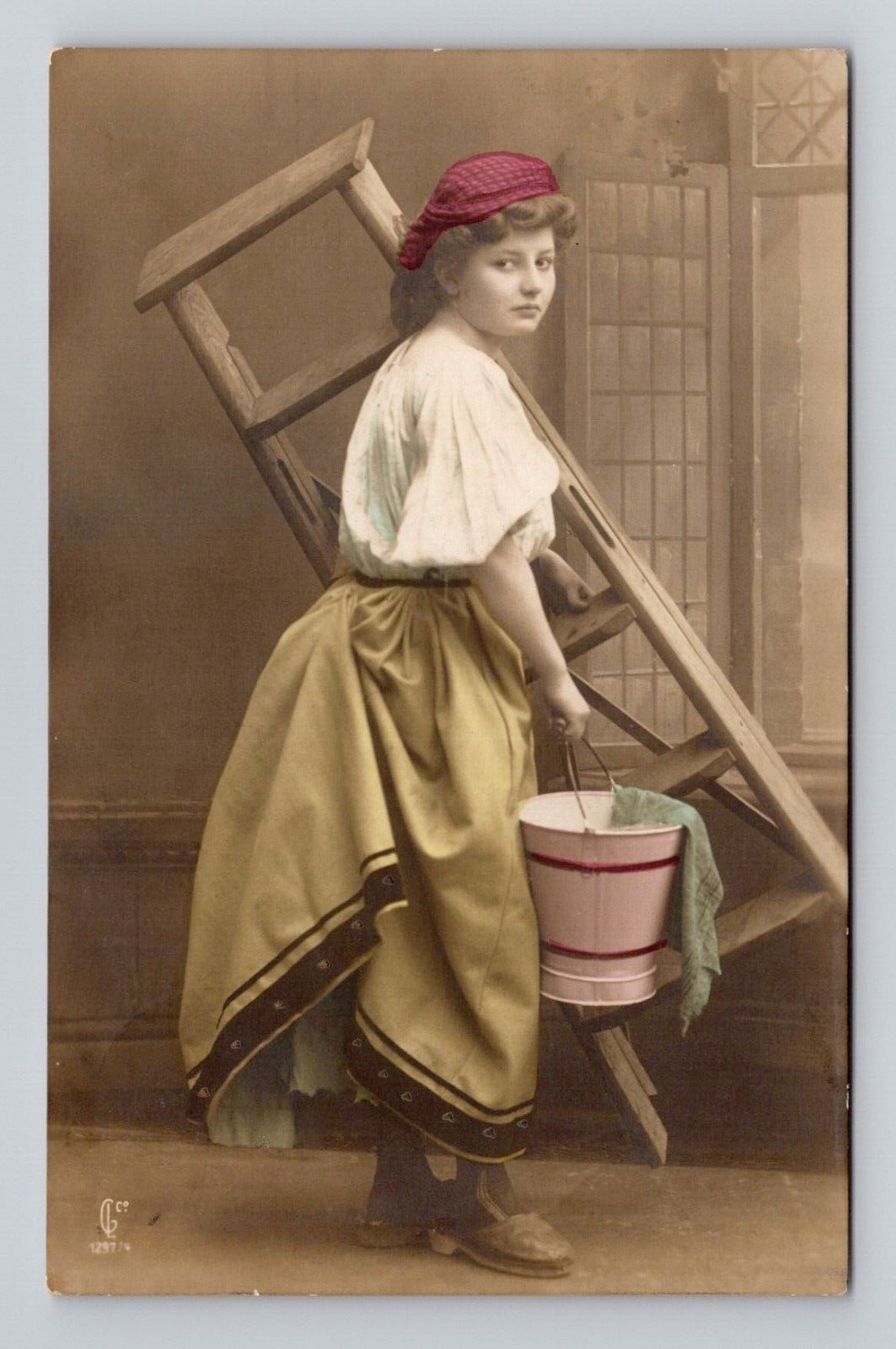 RPPC Colorized Young Washer Woman w/ Ladder & Bucket Real Photo, Antique B4